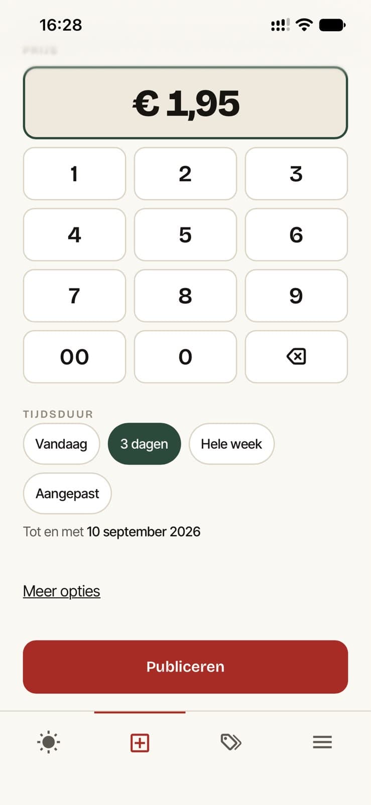 Echt app-scherm: tijdsduur instellen en de aanbieding publiceren.