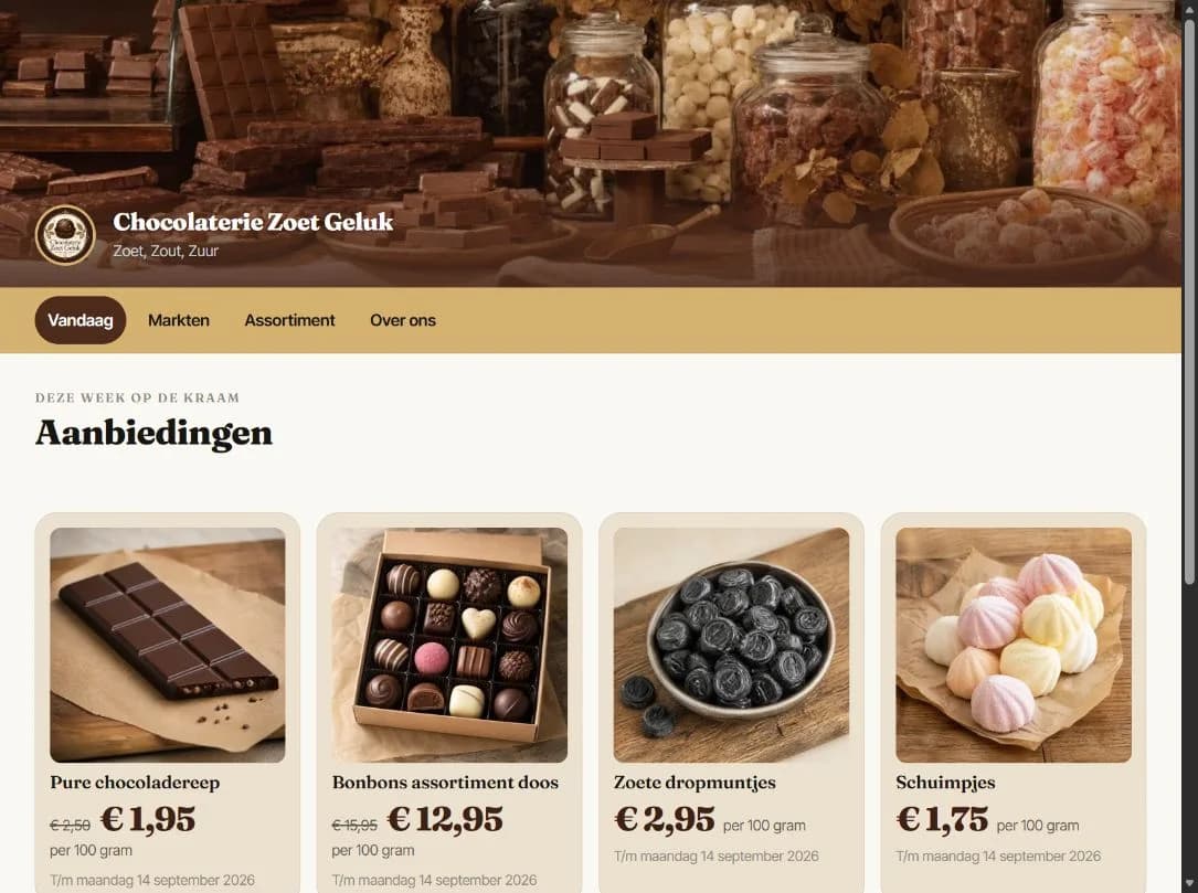 De echte voorbeeldwebsite van Chocolaterie Zoet Geluk, met chocolade, bonbons en de aanbiedingen van vandaag.